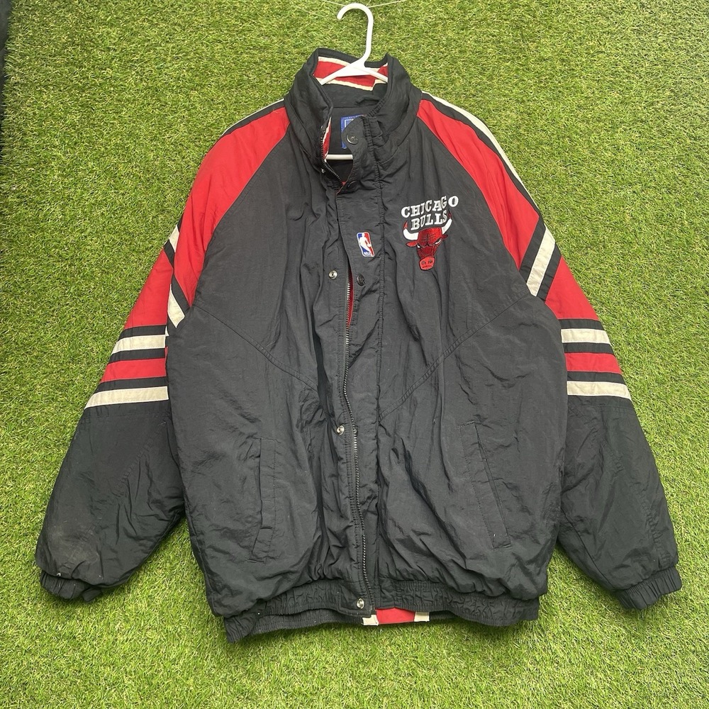 Vintage Chicago Bulls Starter Jacket Mens XL Black Zip Up Sportswear Logo NBA